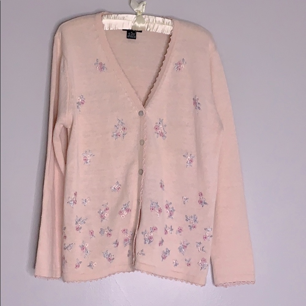 Vintage Floral pastel Rosie Lago pink Embroidered cardigan sweater women medium